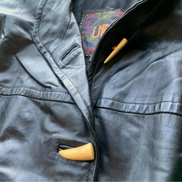 LNR Genuine Leather Buttoned Trench Coat Jacket Black Gold Metallic Size M - Picture 3 of 9